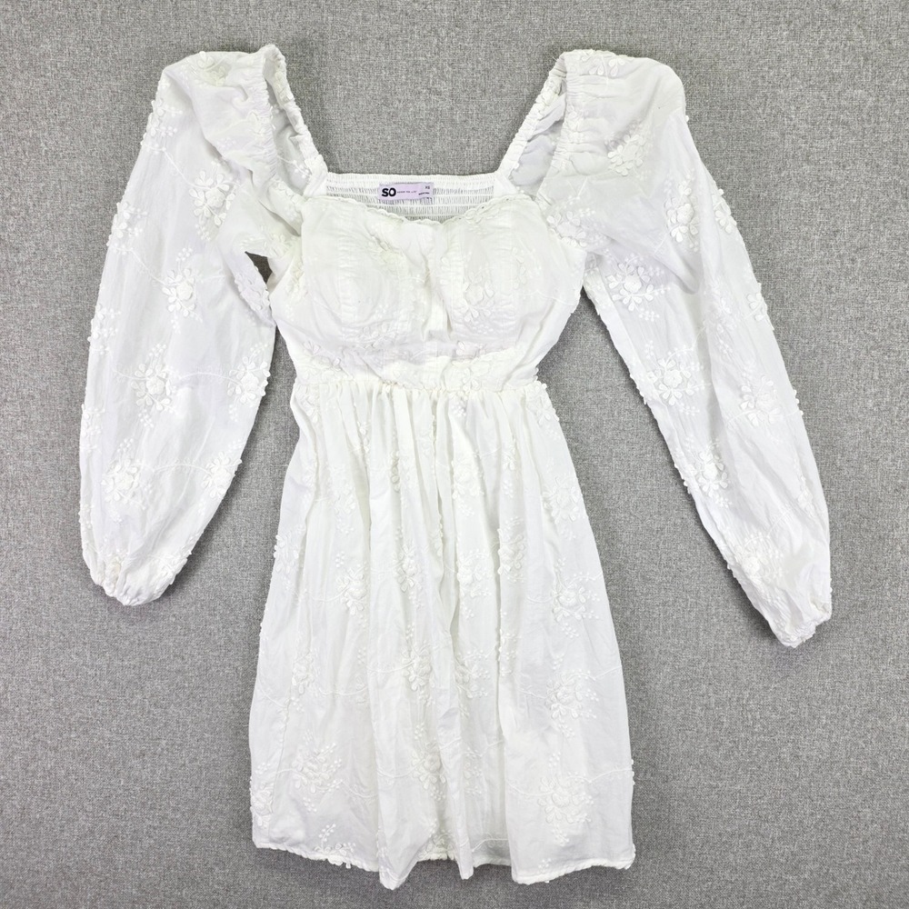 Whimsical Puff Sleeve White Floral Embroidered Mini Dress XS Cottagecore